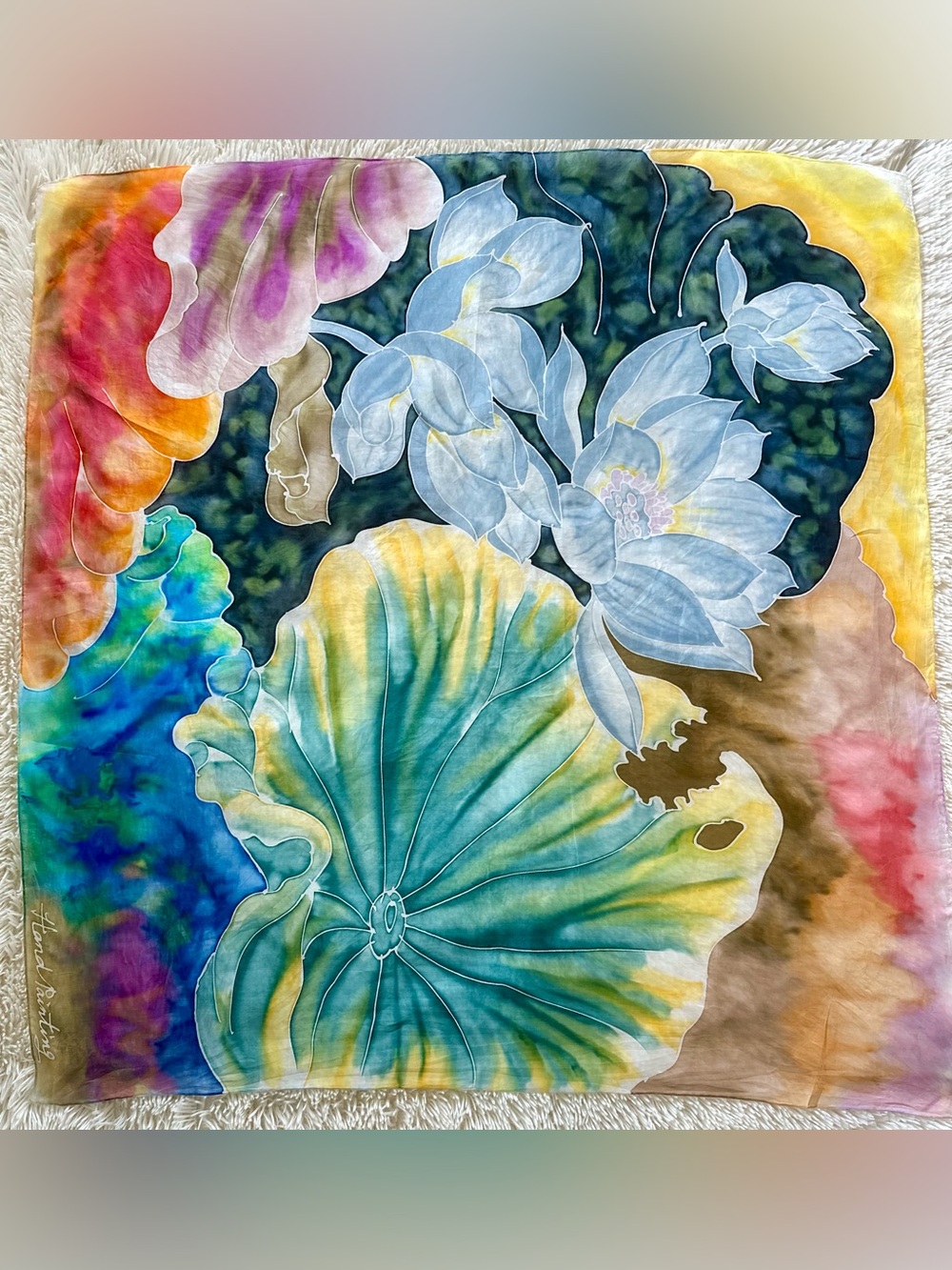 Hand-Painted 100% Silk Scarf - Large 35”x 35” - Lotus Floral - Hand Rolled Edgin